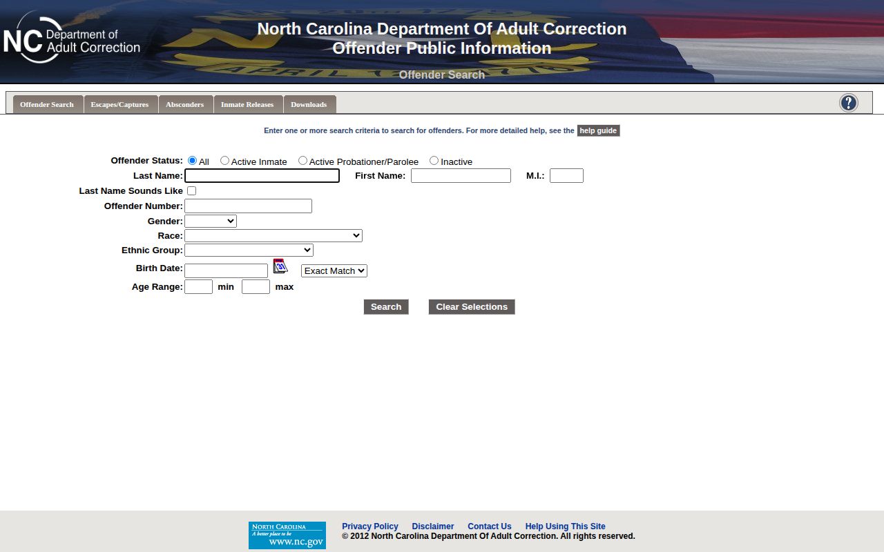 North Carolina Department of Adult Correction offender search for later state custody